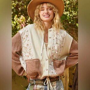 23. POL Floral Patchwork Jacket - Cream and Brown